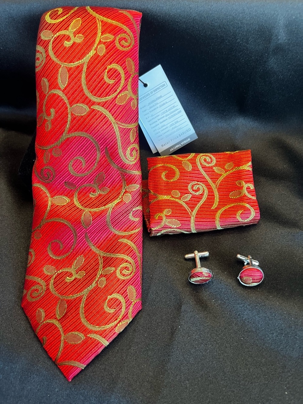 Red & Gold Swirl Tie Set with Matching Pocket Square and Cufflinks